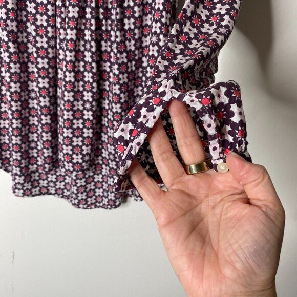 Ann Taylor Loft Purple Pink & White Flowy Blouse Long Sleeve Shirred Yoke XXSP - Picture 4 of 11